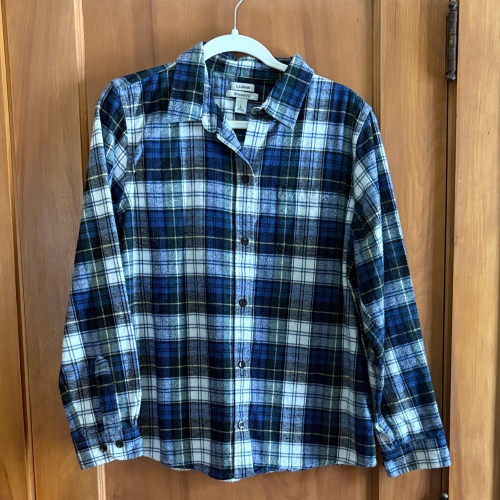 L.L. Bean Men's Blue, Black and White Plaid Button-Down Shirt